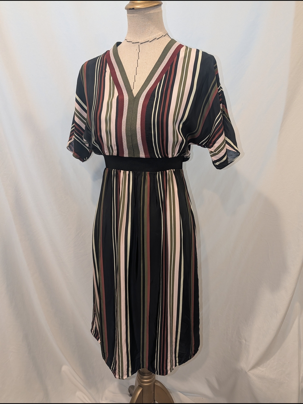 Ted Baker London Black‎ Midi Dress with Cream, Pink and Olive Stripes - Picture 7 of 11